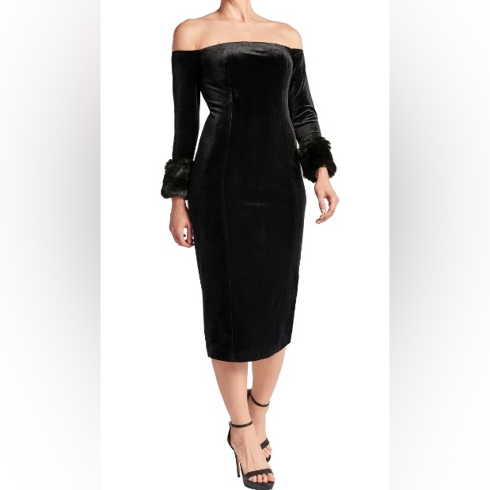 Velvet Faux-Fur Cuffed Midi Dress